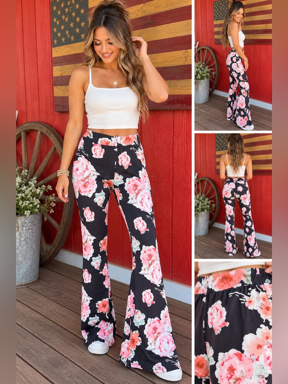 Women’s Black Pink Floral Pull-On Flare Pants Size Medium Boho Stretch